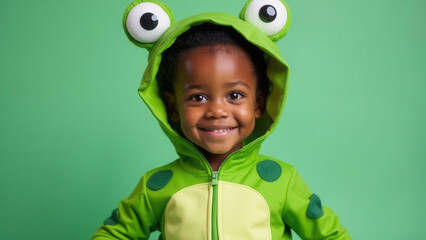 Cute child in frog costume with copy space