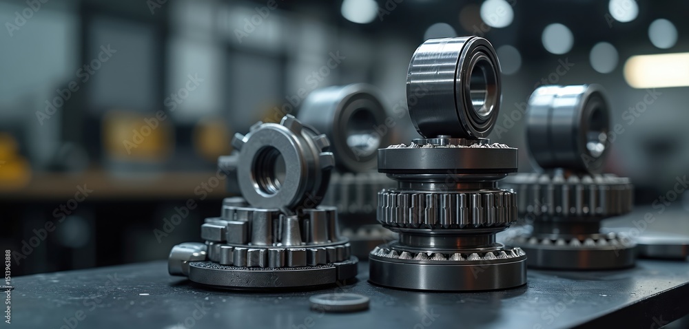 Aufkleber close-up precision mechanics showing stacked bearings, gears on workshop workbench. high quality met