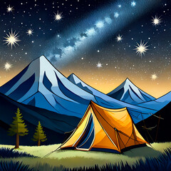 camping in the mountains, tent in the night with stars , ki, ai generated,