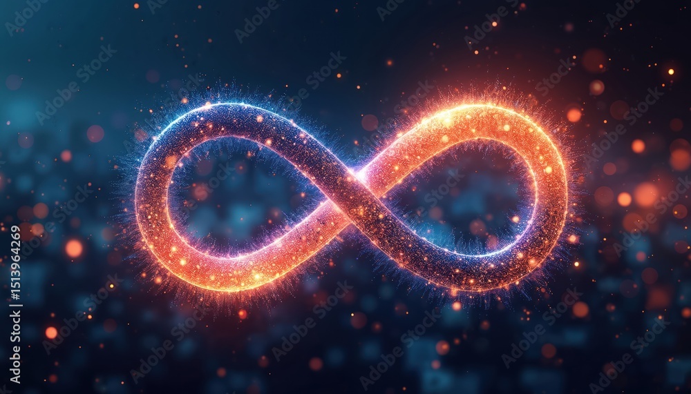 Poster illustration of glowing infinity sign, representing software engineering operations. concept of deve