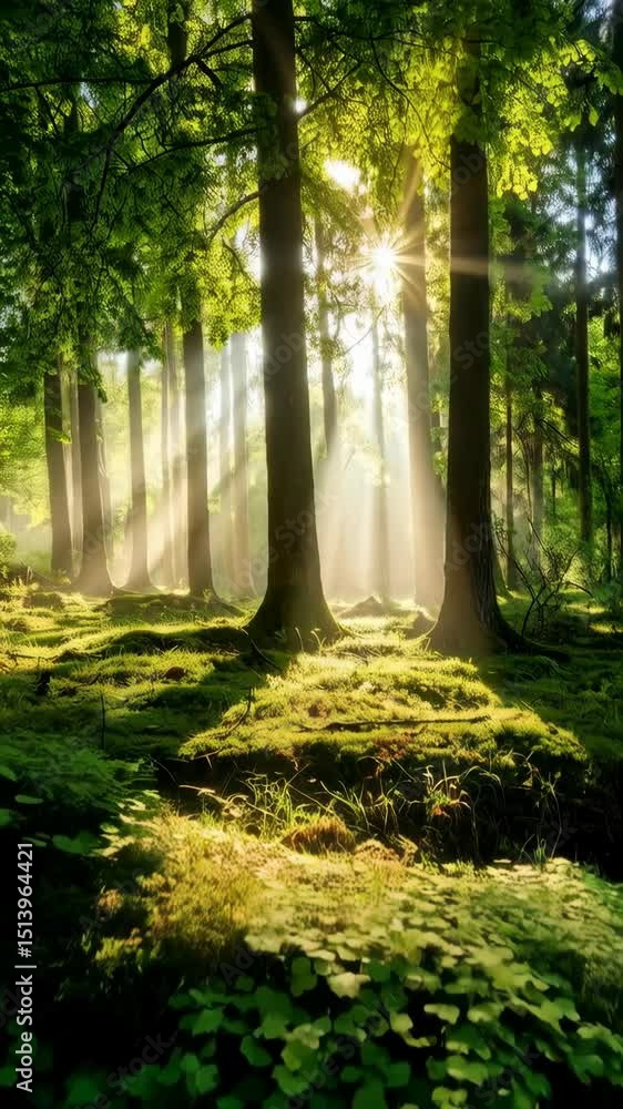 Poster sunlight breaking through trees illuminating the mossy forest floor creating an ethereal scene of th