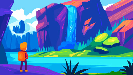 Hiker Admiring Waterfall in Vibrant Mountain Landscape