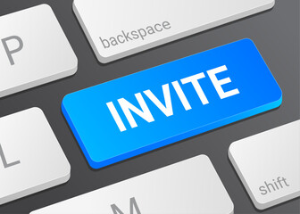 Fototapeta premium Close Up Invite Button on Laptop or Computer Keyboard for Online Invitation, Event Sharing, Digital Message and Party Planning 3D Illustration