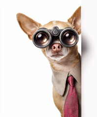 A chihuahua wearing business attire and holding binoculars is peeking around the corner, against a white background .