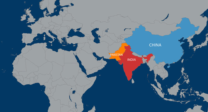 Map highlighting India, Pakistan, and China: geopolitical relations and territorial boundaries in South Asia