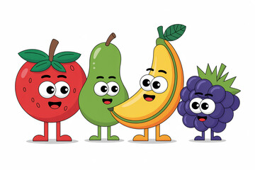 Cartoon fruits strawberry pear banana and blackberry standing together with happy expressions on a white background