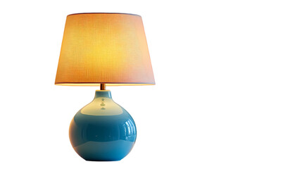 A glowing lamp with a textured shade and a blue and white base   isolated on transparent background