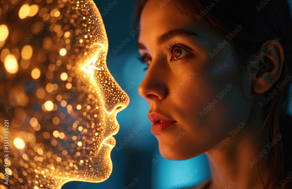 Poster Woman faces glowing digital AI avatar. Futuristic tech concept human interaction with artificial intelligence. Connection and communication in cyberspace. Virtual reality, future.