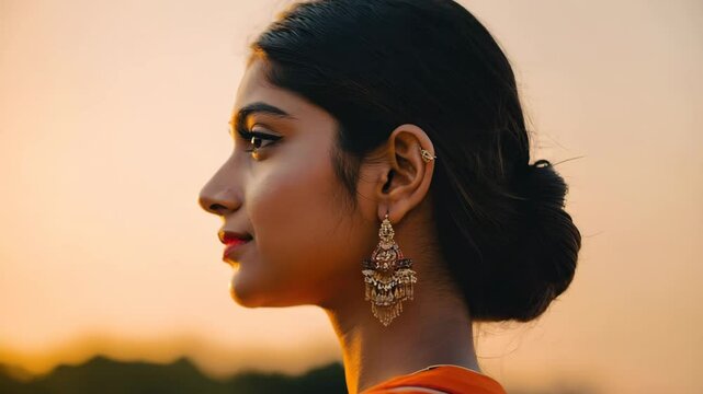 Indian woman with her hair gathered in a bundle and beautiful earrings smiles calmly in the sunlight