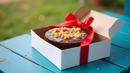 A white cardboard holiday box with a red silk bow. Delicious festive Birthday cake with mastic and decorations in a box on a blue table outdoors.

