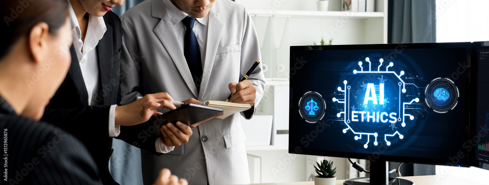 Poster ai ethics responsibility standard law and rules on computer screen provide report of ai ethic transp