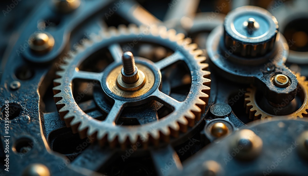 Poster close-up view intricate mechanical clockwork gears, cogs with fine details. metal watch mechanism en