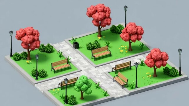 Lowpoly park scene with benches trees lamps and a tiled intersection