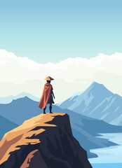 Adventurous Warrior Standing on Cliff with Mountain View