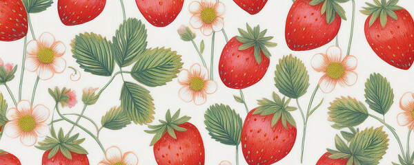 Strawberry natural vintage hand drawn background with red berries, simple wallpaper