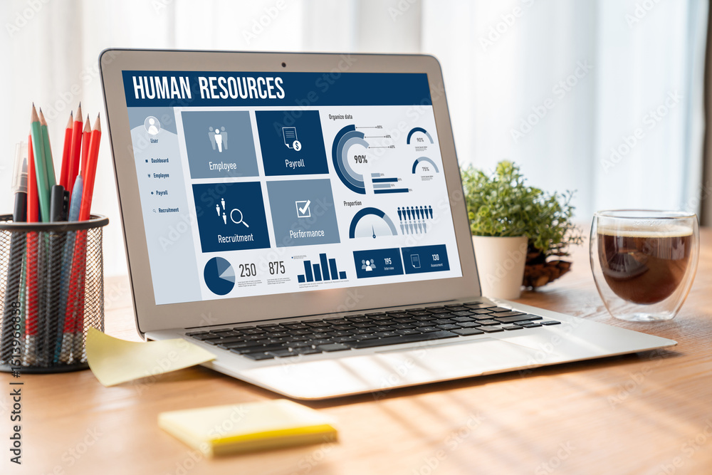 Poster human resources management software on computer screen helping human resources employee to manage re