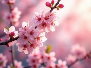 Spring banner. Branches of blossoming cherry on sunny background. Pink flowers panorama..