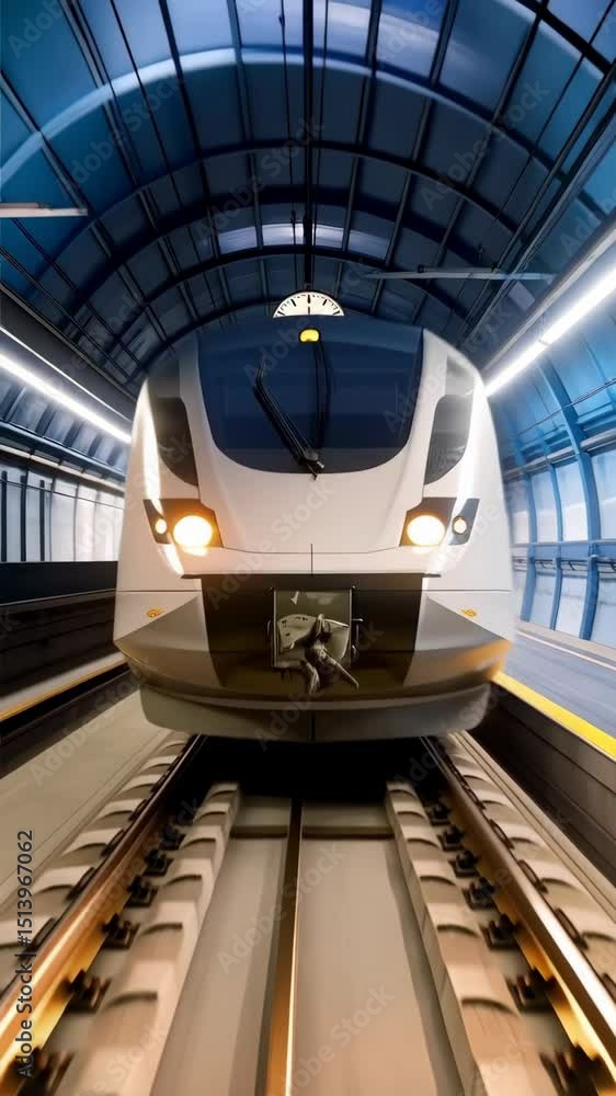 Poster modern bullet train entering station platform at high speed with hanging analog clock at tunnel ceil