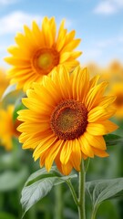 Vibrant Sunflowers Swaying Under A Bright Sky With Fluffy Clouds In The Background