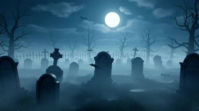 Misty graveyard tombstones rest under a bright moon with bats in flight and bare trees looming in the distance