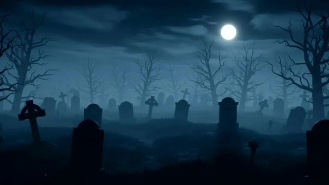 Moonlit graveyard scene with silhouetted tombstones  gnarled trees in eerie fog