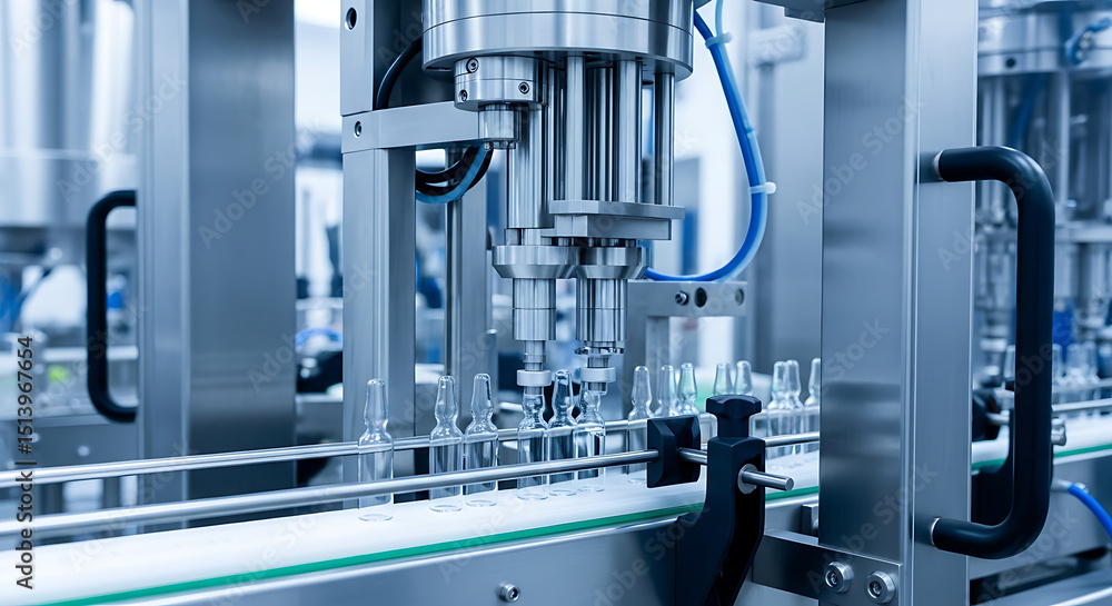 Poster precision machinery fills glass bottles on a production line in a state-of-the-art facility. automat