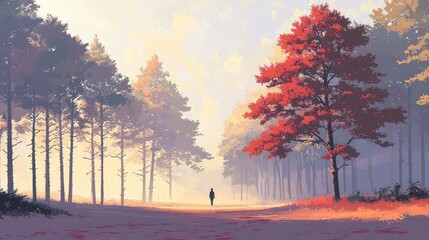 Atmospheric Digital Painting of a Lone Person Walking Through a Misty Forest Path