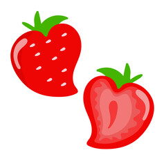 Juicy bright strawberries, whole and half, on a white background.