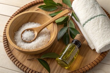 Green leaves with spoon, salt in wooden bowl ,with rolled towel, oil bottle 