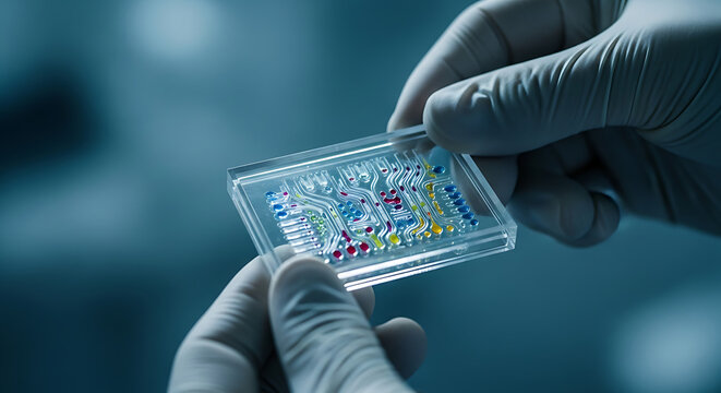 A skilled technician examines a microfluidic device in a laboratory setting.