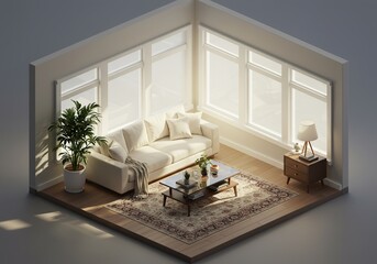 Isometric view of a cozy living room interior