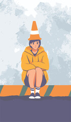 Fototapeta premium Traffic Cone Head: A young individual is seen with a traffic cone adorning their head, sitting and looking at the camera in a minimalist illustration, creating a scene.