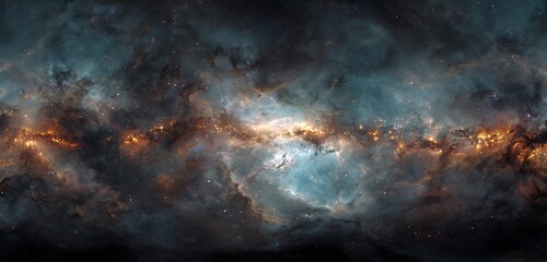 A panoramic view of a colorful nebula with orange and blue hues and scattered stars visible