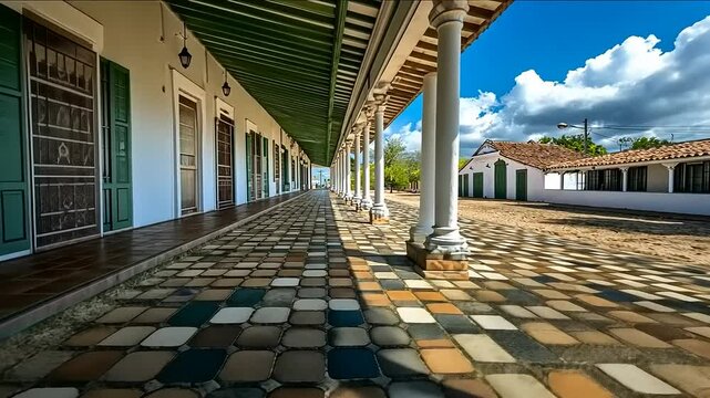 Charming historical facade featuring architectural pillars and decorative tiled walkway