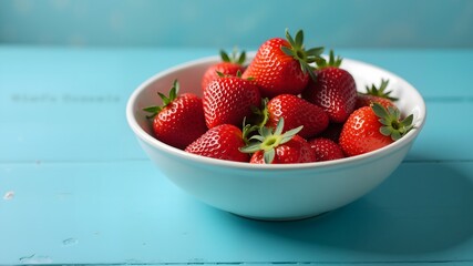 A bowl of red strawberries on a blue table
