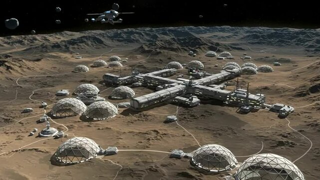 Lunar outpost with interconnected domes research labs and a hovering shuttle
