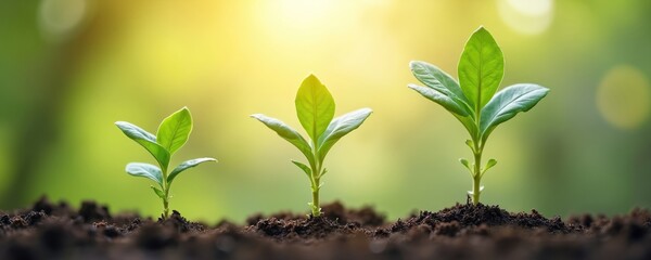 Green sprouting plants growing steadily, representing growth, guidance, career development, environmental eco-friendly aspects. Fresh young plants in different sizes grow in soil, rich green bokeh