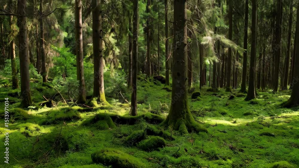 Poster dense coniferous forest illuminated with sunlight filtering through trees and lush vibrant green mos