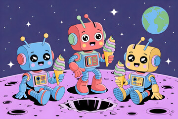 Three colorful, cheerful robots enjoy rainbow ice cream cones on the moon, with Earth visible in the starry Ukrainian sky above