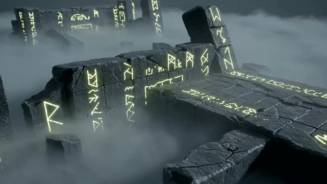Mystical rune ruins shrouded in mist Ancient mysteries linger