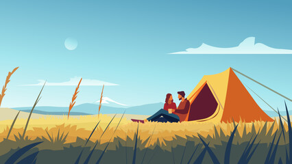 Couple Relaxing by Tent in Scenic Nature