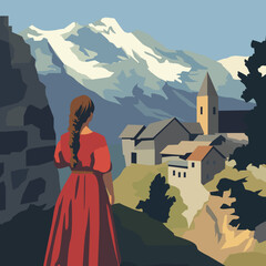 Woman in Red Dress Overlooking Mountain Village