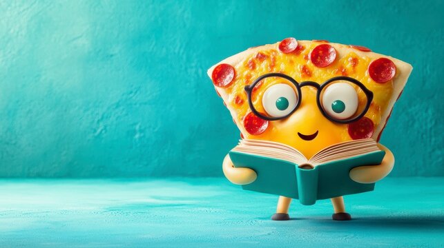 Cute pizza slice cartoon character wearing glasses and reading a book against a teal background.
