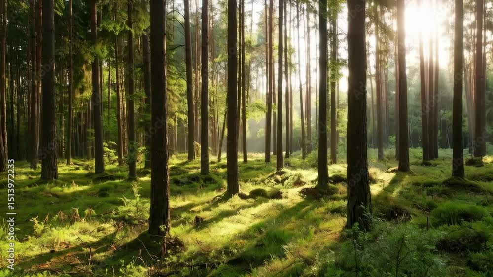 Poster sunlight shining through tall, slender tree trunks in a green mossy forest with light streaming and 