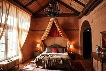 Fototapeta premium Luxurious Romantic Hotel Bedroom with Canopy Bed and Wooden Beams