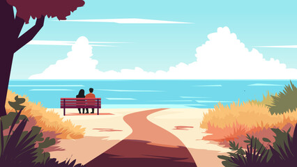 Couple Enjoying a Peaceful Beach View from a Bench
