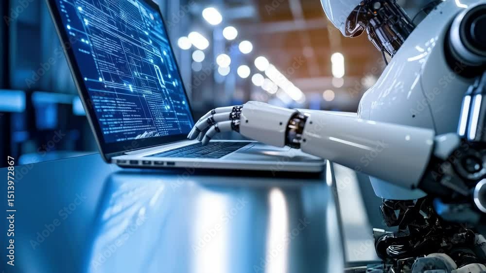 Poster robot typing code on laptop computer, artificial intelligence concept, technology, futuristic, machi