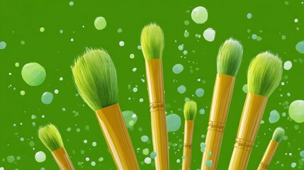 Colorful Floating Paintbrushes of Various Sizes Against a Vibrant Green Background