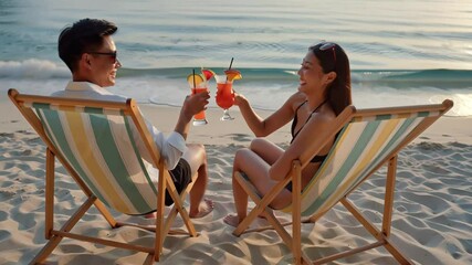 happy young asian man and woman sitting in beach chairs with drinks, summer day, tropical resort - Powered by Adobe