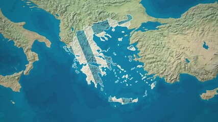 Zoom from Earth to Greece. (Country Flag) World map animation with highlighted country borders. Southeastern Europe Cinematic 3d world map animation highlights aerial views, tourism, and travel. 4k - Powered by Adobe
